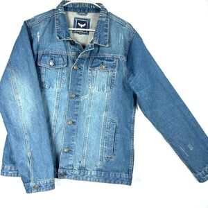 Brave Soul Mens Distressed Denim Jean Jacket XL‎ Medium Wash Collar Button Front